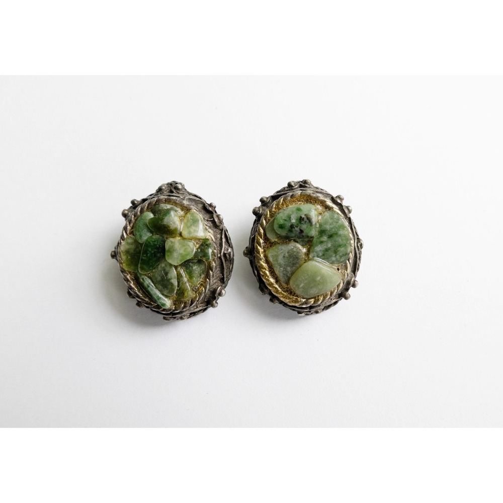 Vintage 1960s Jade Chip Earrings Oval Shaped Silver Metal Clip-On Backs